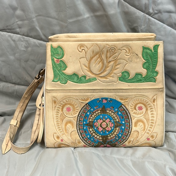 Handbags - Vintage Leather Hand Tooled RARE Purse 1960s Mexico Ivory Yellow Mayan Roses